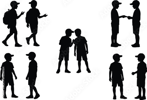 Children silhouettes talking and walking together, boys communication friendship activities set isolated on white background, kid interaction vector illustration design