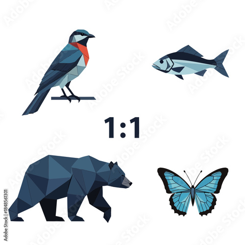 Dynamic geometric wildlife collection featuring a bear, bird, fish, and butterfly in a modern, artistic style perfect for nature themes