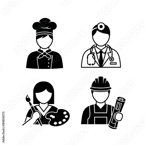 Diverse professionals icons featuring chef, doctor, artist, and construction worker symbolizing career diversity and expertise