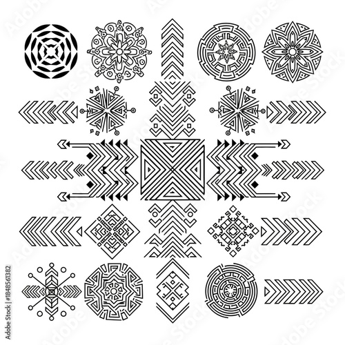 Stunning geometric patterns and abstract tribal elements offer diverse design possibilities for modern projects, ideal for branding and digital art.