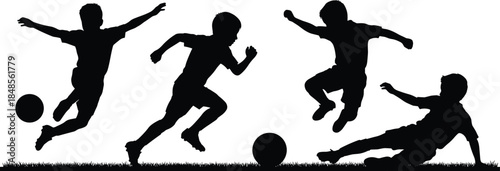 Children, soccer, silhouette, playing, outdoors, teamwork, energy, motion, sport, fun, youth, active, kicking, running, jumping, sliding, shadow, dynamic, cad drawing, flat vector illustration