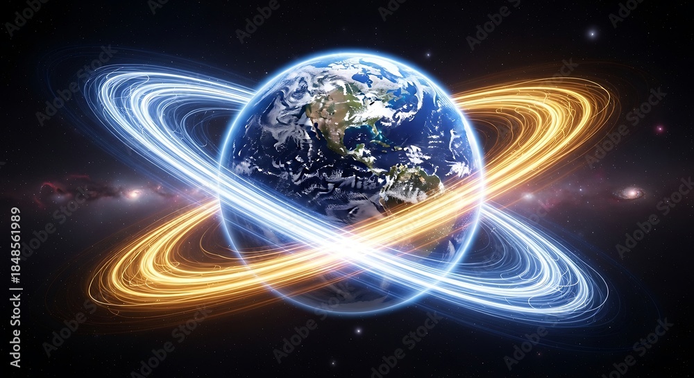 Obraz premium A vibrant depiction of Earth encased in ethereal, glowing rings of light against the vast cosmic backdrop of nebulas and stars