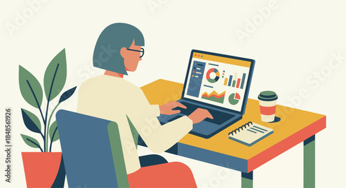 Flat vector illustration of a digital marketer working at desk, laptop with analytics dashboard, solid colour palette, clean geometric shapes, minimalist design, 