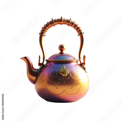 Antique ornate copper teapot with iridescent sheen isolated on transparent background