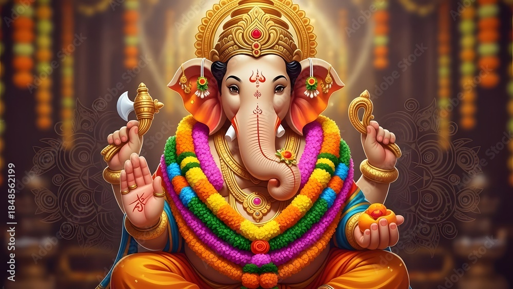 Fototapeta premium God Ganesha sitting with majestic background, generated by Ai