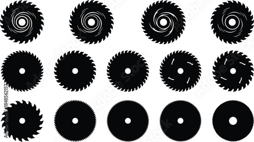 Circular saw blade silhouettes collection, woodworking cutting tools icons set isolated on white background, black industrial equipment vector illustration