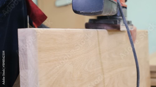 Wood and wood-based materials industry. Carpenters working on wood factory with machines. Wooden furniture manufacturing process. Carpentry workshop location. working at furniture factory. 4 k video