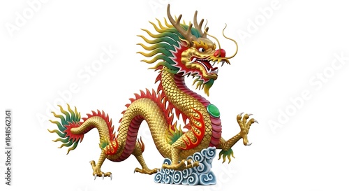 Wallpaper Mural A vibrant, detailed depiction of a mythical creature, with gold, red, and green scales. Its serpentine body poses against a white backdrop Torontodigital.ca