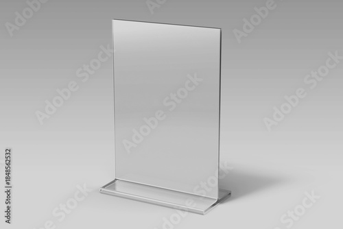 one blank transparent acrylic plastic table tent holder realistic mockup template with 5x7 inch vertical paper size 3d render isolated