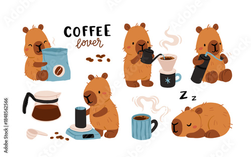 Cozy Capybara Coffee Rituals Vector Set. Capybarista Brewing Specialty Coffee, Pour over, Grinder, Morning Routine, Hygge Lifestyle Illustration