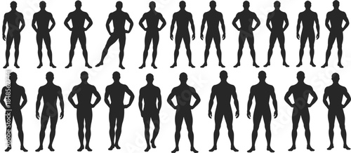 Collection of athletic male silhouettes, strong men standing in various poses, isolated black vector illustration for fitness and sport.