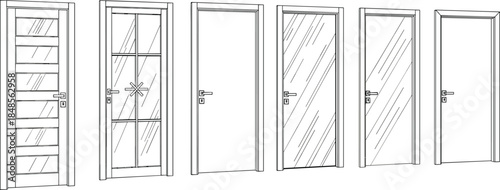 Collection of six interior wooden door designs with glass panels and handles, architectural sketch, cad drawing flat vector illustration.