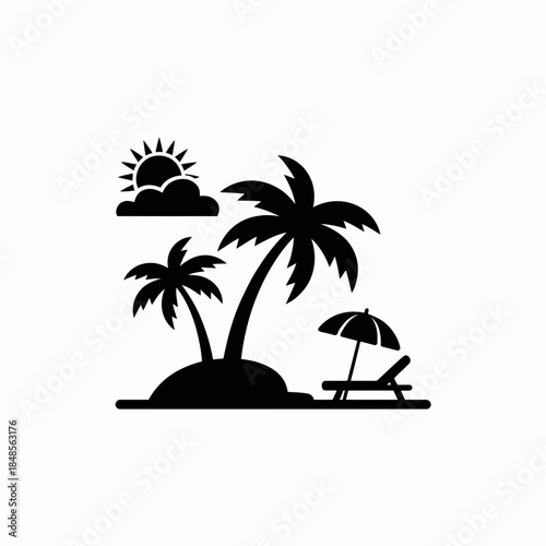 beach, silhouette, tropical, palm, trees, sun, umbrella, vector, icon, clipart, vacation, island, paradise, summer, holiday, blackwhite, monochrome, outline, relax, lounge, chair, seaside, coast, geta