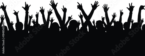 Concert crowd silhouette, cheering people with raised hands celebrating live music festival isolated on white background vector illustration design art