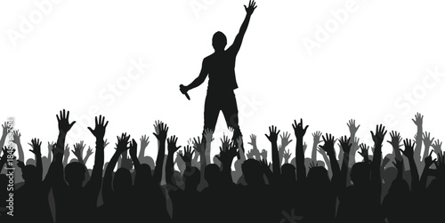 Concert singer silhouette, lead performer holding microphone above cheering crowd celebrating live music festival isolated on white background vector illustration