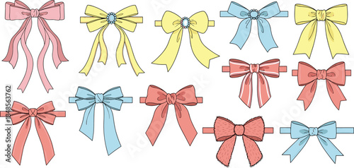 Colorful decorative bows vector illustration set, fashion design elements template for digital scrapbooking, gift wrapping, clothing accessories, embellishment, and graphic desig 
