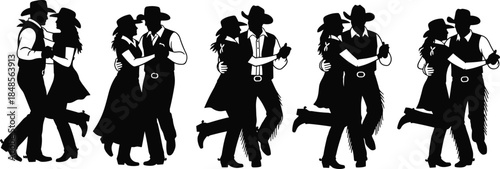 Country dance couple silhouettes, cowboy and cowgirl partners performing western ballroom steps isolated on white background vector illustration