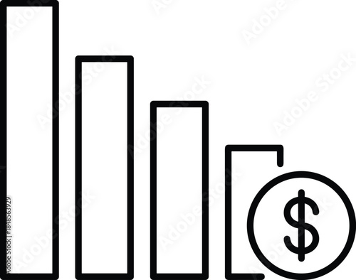 Financial crisis concept with bar graph loss, money decrease business symbol, decline chart down trend, economy market recession icon, vector illustration line art design