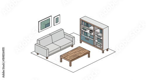 Modern living room design with cozy sofa, stylish bookshelf, and minimalist decor creating a peaceful and inviting space for relaxation and comfort