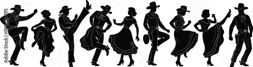 Country dance silhouettes, western cowboy dancers, folk music movement, elegant couple poses, vintage western style illustration, isolated white background, vector