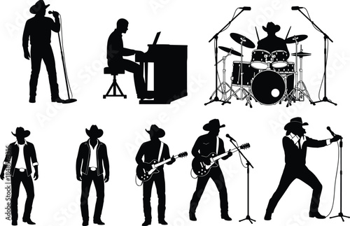 Country music band silhouettes illustration singer guitarist drummer pianist cowboy hat musicians live concert performance black vector isolated background