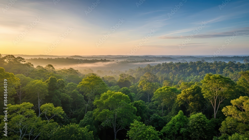 Obraz premium Aerial view of lush green rainforest at sunrise with misty fog and vibrant canopy