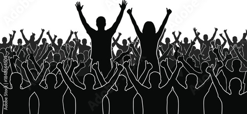 Crowd celebration silhouette, cheering people raising hands, concert festival audience unity success victory illustration isolated white background vector art design