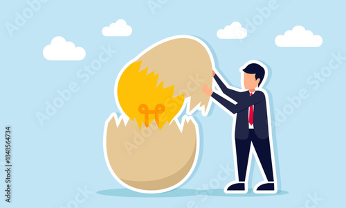 Businessman opening an eggshell containing a light bulb illustration of discovering new business ideas and innovation to improve business performance