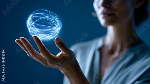 Young caucasian female holding glowing orb of energy in dim light