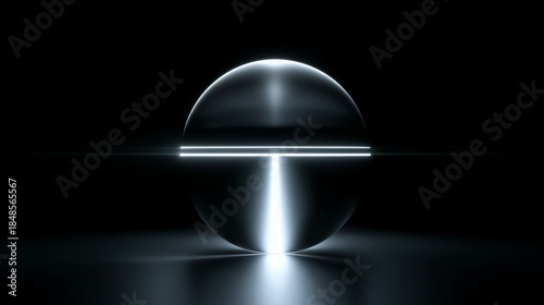 Futuristic glowing sphere with light reflections on black background