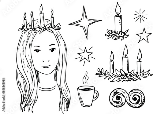 Festive Winter Illustration with Girl and Candles