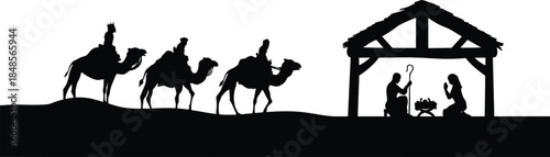 Silhouette of Three Wise Men and Nativity Scene