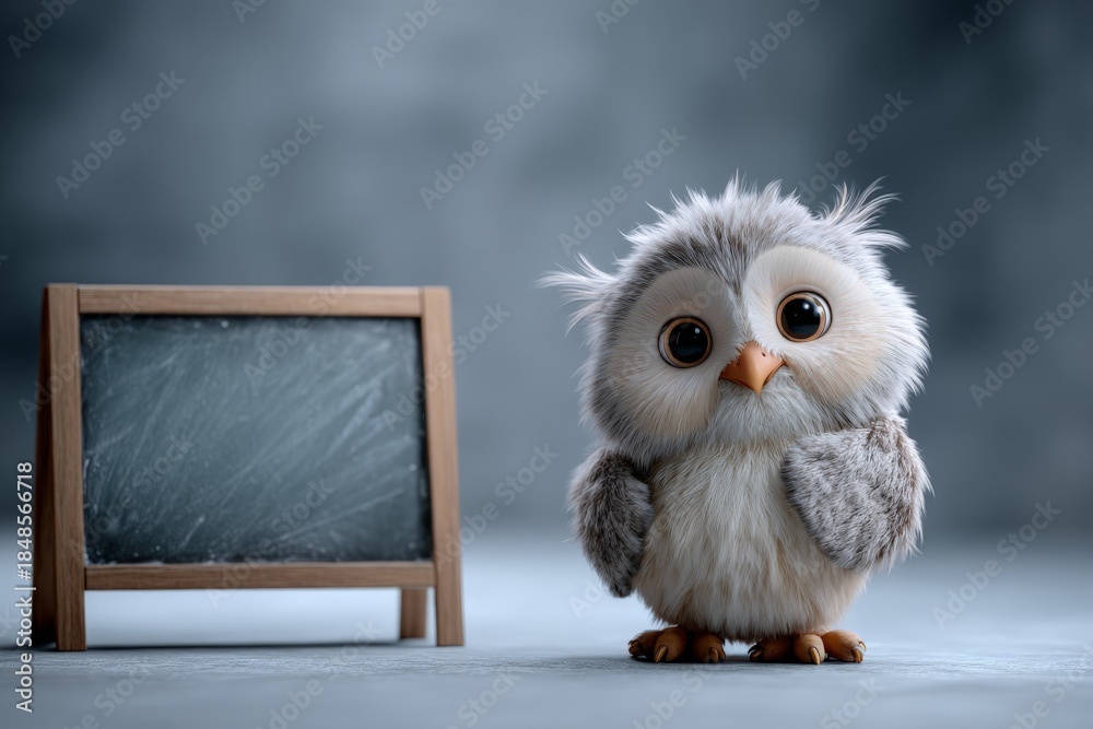 Obraz premium Adorable fluffy owl with chalkboard in soft focus background
