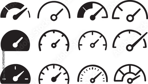 gauge icon set, Speedometer, tachometer icon. Speedometer indicator icon collection. Speed indicator vector icons, automotive interface icons, stylized gauge pack, speed tracking icons, needle dial, 
