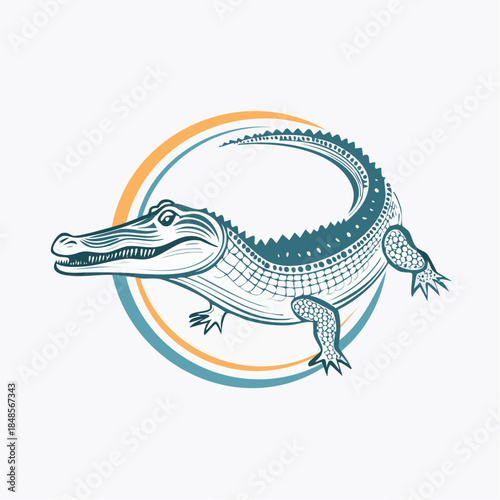 Stylized crocodile illustration in blue tones with thin line art