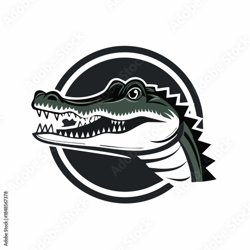 Black and white crocodile illustration inside circular emblem
