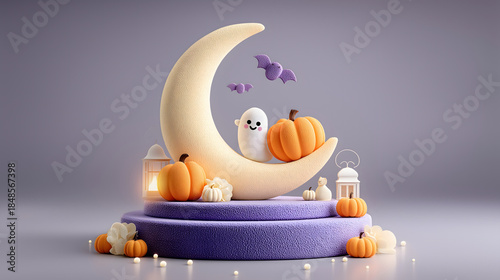 Cute Halloween scene with ghost and pumpkins on a crescent moon AI Generated