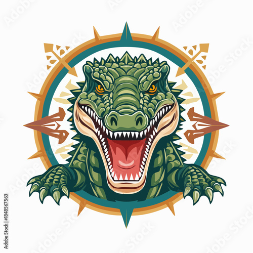 Aggressive cartoon crocodile illustration inside decorative frame