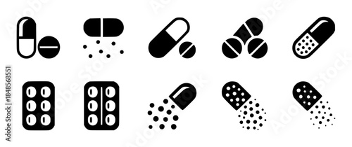 Collection of black medical pill and capsule with various representations medicine health