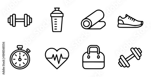 Collection of black representing fitness equipment and health symbols dumbbell shaker