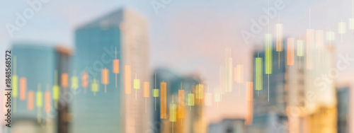 Colorful candlestick chart overlay on blurred city background, representing trading, financial growth, and market data analysis. banner 