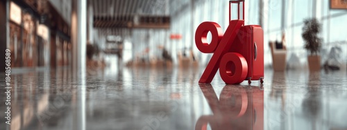 Red suitcase shaped as percent symbol standing in airport terminal. Concept of travel discount, tourism promotion and holiday sale. banner 