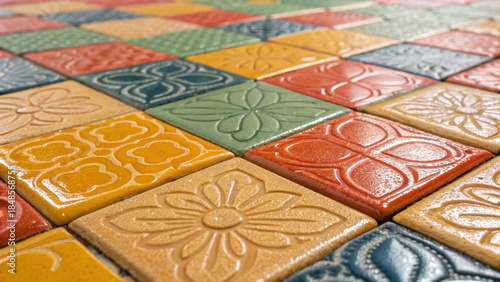 Creative abstract pattern workflow. Colorful patterned tiles with intricate designs create vibrant mosaic