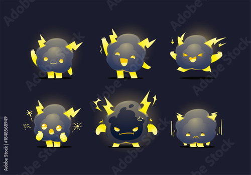 set of cute thunder cloud character mascot collection