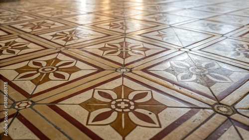 Creative abstract pattern workflow. Ornate colonial floor tiles with geometric floral patterns create vintage aesthetic