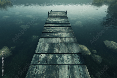 Weathered Wooden Dock Over Calm Lake Water