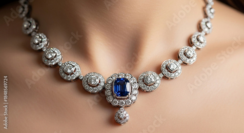 Close-up of an elegant gemstone necklace worn by a woman, bright cinematic lighting