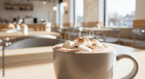 Hot chocolate topped with marshmallows in a simple ceramic cup, modern bright cafe interior, soft natural lighting