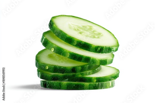 Fresh cucumber slices stacked in clean composition, vibrant green texture and juicy interior visible, healthy vegetable food concept for diet, salad, skincare, spa, detox, isolated on white background