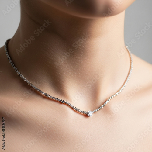 Close-up of an elegant necklace worn by a woman, framing from collarbone to neck only